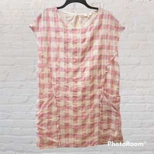 Umgee Dress Large Pink & White Gingham Shift Fully Lined Pockets Fringe CUTE!!